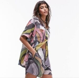 Topshop Satin Paint Swirl Button-Up Shirt